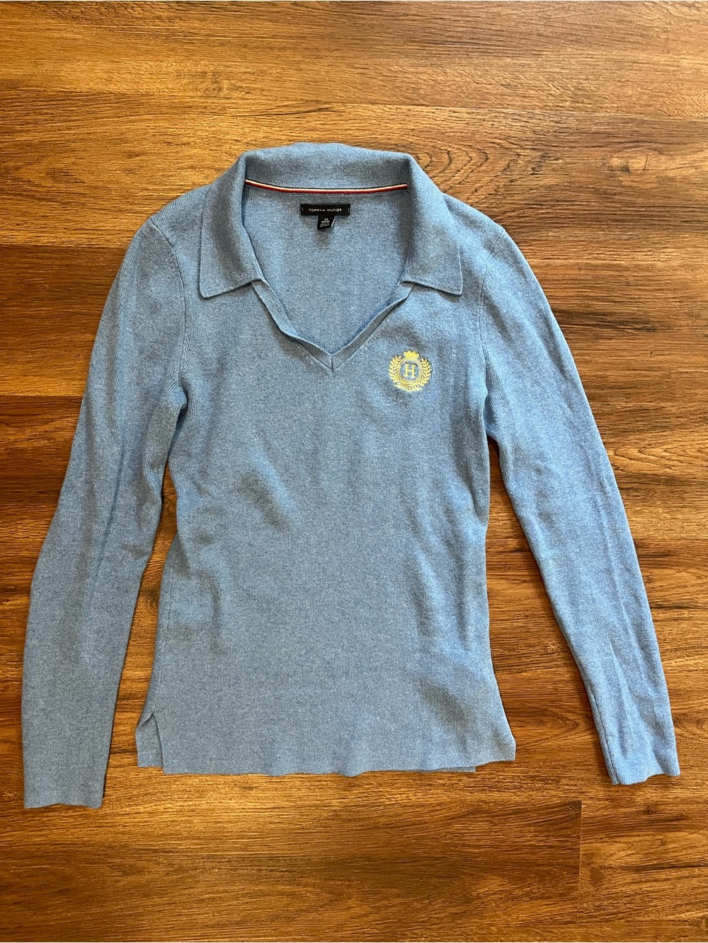 TOMMY HILFIGER Blue V-neck Collared Long Sleeve Sweater Embroidered Emblem XS